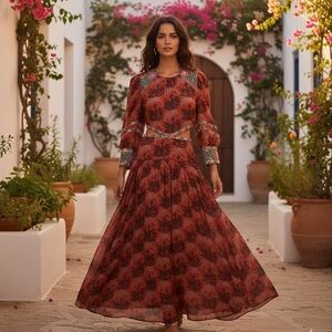 Ba&Sh Gabriel Cut-out Printed Maxi Long Sleeve Floral Dress in Red and Black XS